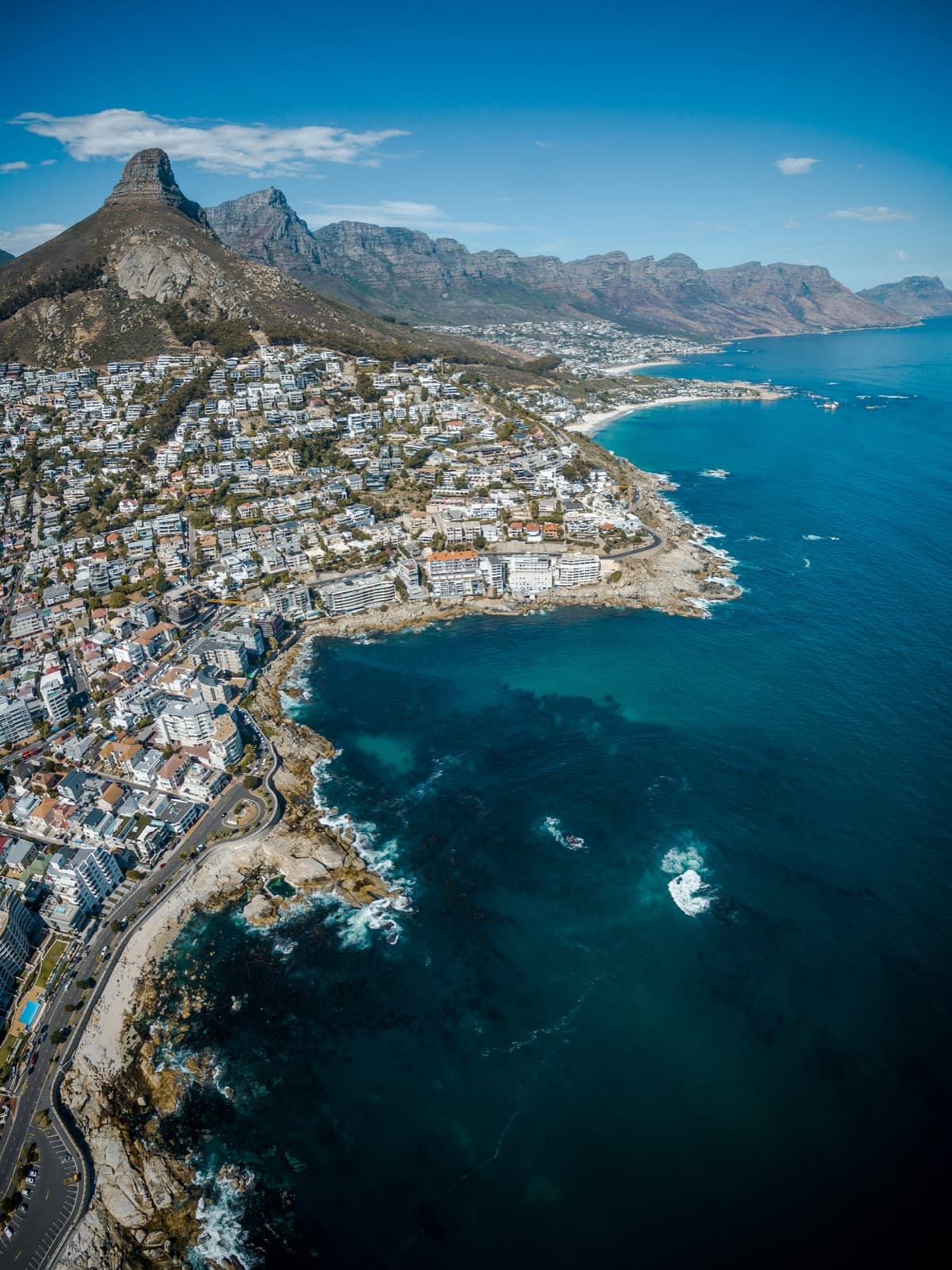 Aerial view of the Cape Town coastline beneath Lion’s Head and the Twelve Apostles