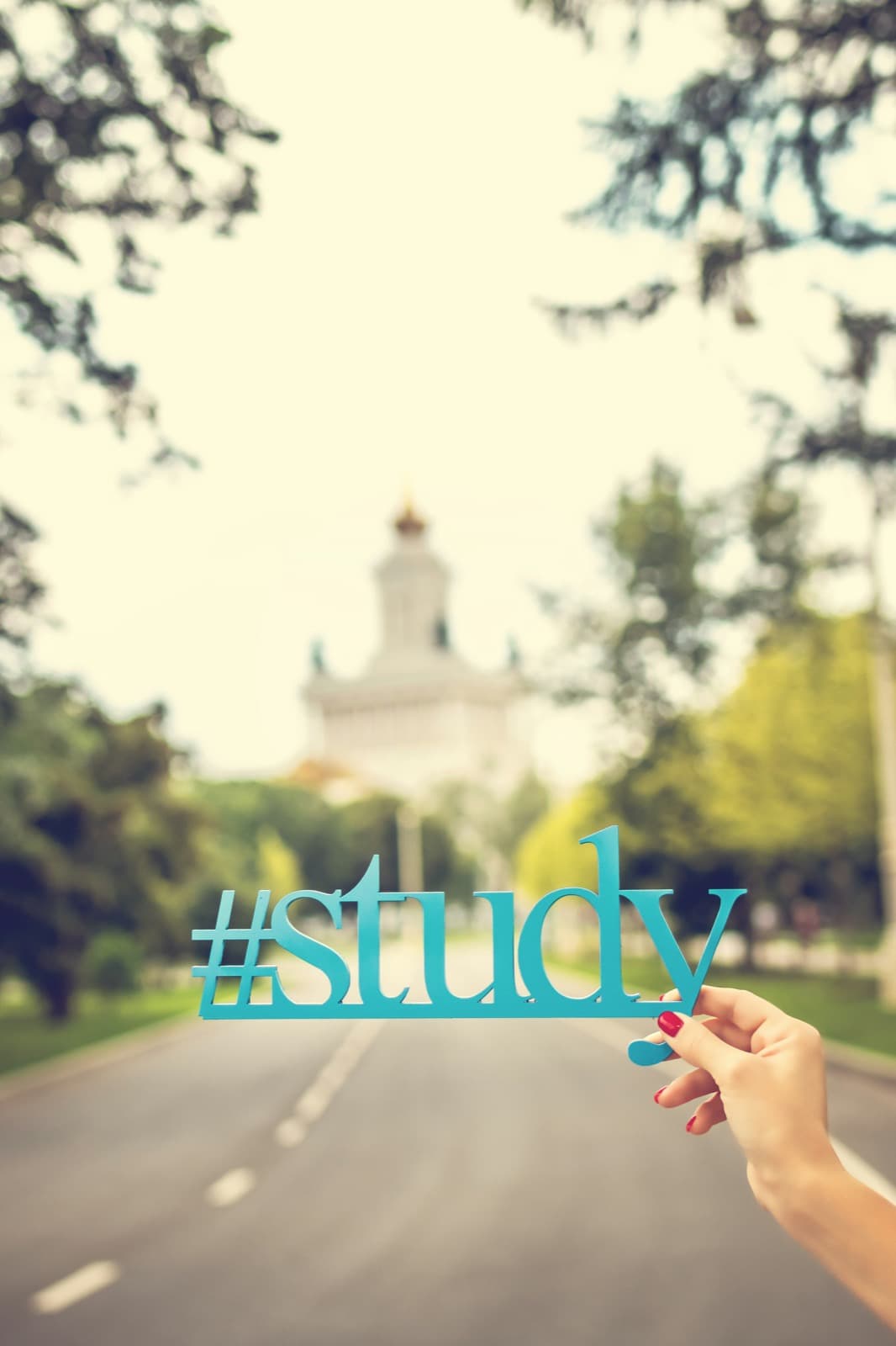 A hand holding a “#study” sign on a tree-lined campus road